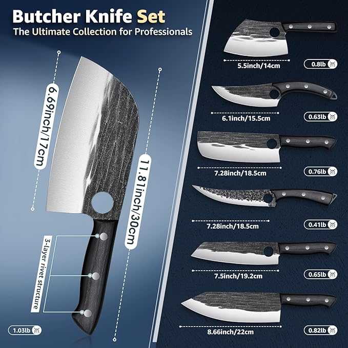 TIVOLI Butcher Knife Set for Meat Cutting, 13Pcs Upgraded High Carbon Steel Hand Forged Kitchen Knife Set with Roll Bag, Viking Chef Knife Set for Kitchen Outdoor BBQ