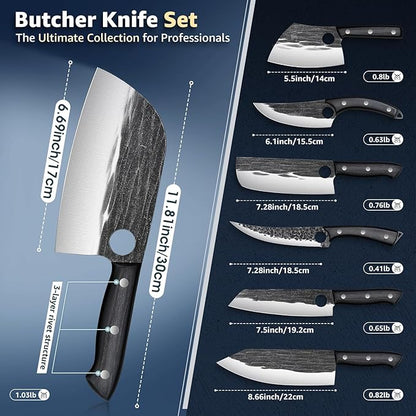 TIVOLI Butcher Knife Set for Meat Cutting, 13Pcs Upgraded High Carbon Steel Hand Forged Kitchen Knife Set with Roll Bag, Viking Chef Knife Set for Kitchen Outdoor BBQ