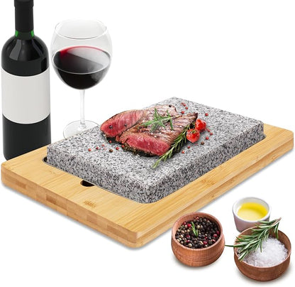 NutriChef Sizzle Hot Cooking Stone Grill with Bamboo Platter, Tabletop Granite Stone Grill with Non-Slip Handles, Adjustable Temperature Control, 550°F Max Heat - Perfect for Meats and Vegetables