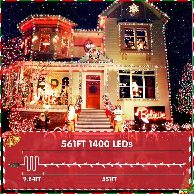 XURISEN 551FT 1400 LED Christmas Lights Outdoor Green Wire String Lights 8 Modes with Timer Memory Waterproof Fairy Lights Plug in for Xmas Tree Wedding Yard Party Holiday Decorations(Red+Green+White)
