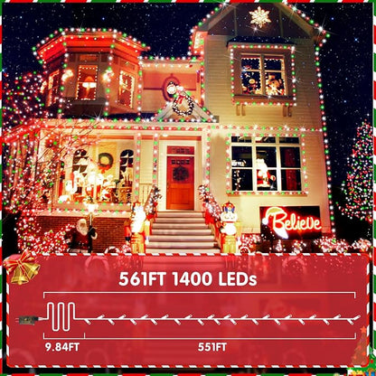 XURISEN 551FT 1400 LED Christmas Lights Outdoor Green Wire String Lights 8 Modes with Timer Memory Waterproof Fairy Lights Plug in for Xmas Tree Wedding Yard Party Holiday Decorations(Red+Green+White)