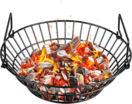 14" Foldable Charcoal Basket for Big Green Egg Large, Heavy Duty Porcelain Steel Ash Basket for Kamado Grill, Collapsible Handle (Black, L)