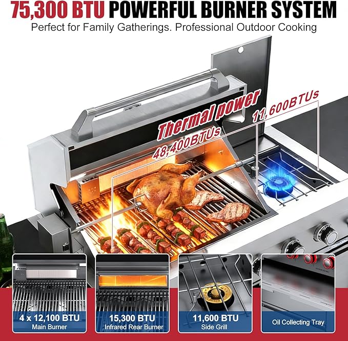 104" Modular Outdoor Kitchen Island, 75,300 BTU 6-Burner 304 Stainless Steel Propane Gas Grill, Prefab BBQ Island Station with Side Burner, Rotisserie Kit, 68L Fridge, Sink & Granite Countertops