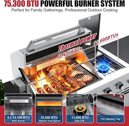 Outdoor Kitchen Island, BBQ Gas Grill, 6-Burner Propane Gas Grill with Rear & Side Burner, 75,300 BTU Stainless Steel Barbecue Grill with Sink & Granite Countertops for Patio Backyard (Silver-84.9")