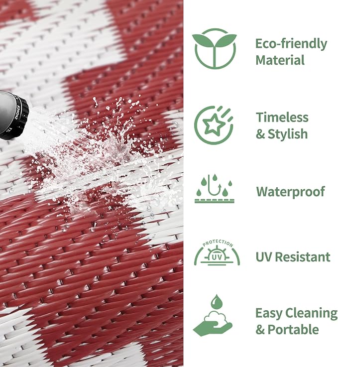 GENIMO Outdoor Rug, Waterproof Plastic Rugs for Patio, 6'x9' Red White | Outside Larger Modern Carpet Mat for Porch Decor, Deck, Balcony, Camping, RV, Backyard, Picnic, Beach, Reversible, Foldable