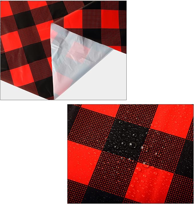 Christmas Disposable Checkered Tablecloth Round Plastic Buffalo Plaid Table Cloth 84'' Gingham Tablecover for Picnic Camping BBQ Graduation Party(Red and Black,6 Pieces)