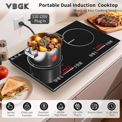 VBGK 2 burner Induction cooktop,110V 4000W induction hot plate with touch Control,9 Power Levels, Kids Lock & Timer,LED touch control 2 burner induction cooker
