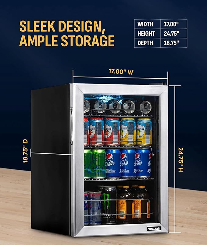NewAir 90 Can Beverage Refrigerator | 17” Freestanding Small Mini Fridge for Bedroom, Home Bar or Office | Quiet Compressor Cooling & Adjustable Shelves | Stainless Steel