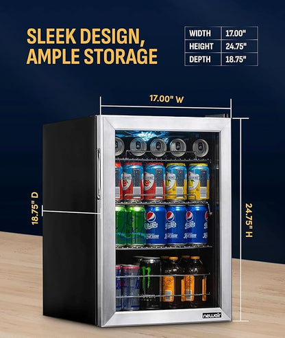 NewAir 90 Can Beverage Refrigerator | 17” Freestanding Small Mini Fridge for Bedroom, Home Bar or Office | Quiet Compressor Cooling & Adjustable Shelves | Stainless Steel