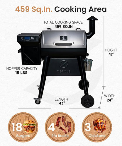 Z GRILLS 450E Pellet Smoker Grill, Upgrade PID 3.0 Temperature Control (180-450°F), 459 SQ.IN Cooking Area, 8 in 1 BBQ Grill,Hopper Cleanout, Meat Probe, Rain Cover, for Backyard Camping