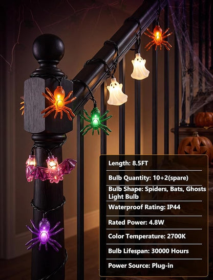 10LED Ghost Bat Spider String Lights, 8.5Ft Halloween Decorations Outdoor | End-to-end Connectable, Waterproof & UL Listed, Plug-in Fairy Lights for Home Window Halloween Party Decor, 2700K Warm White