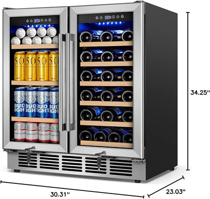 30" Dual Zone Wine and Beverage Refrigerator, Under Counter or Freestanding | 29-Bottle 110-Can capacity, Fast cooling, Ideal for home bar office, Adjustable shelves, Temperature memory, LED display