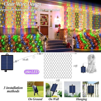 10ft x 10ft Solar Net Lights, 280LED Gazebo Mesh Lights Solar & USB Powered, Waterproof Netting Lights 8 Modes Clear Wire for Bushes Patio Garden Christmas Holiday Party Outdoor Decor (Multicolor)