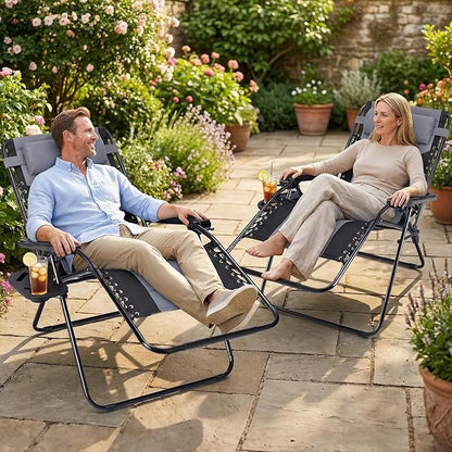 Sweetcrispy Zero Gravity Chairs, Foldable Patio Reclining Chairs with Adjustable Pillow & Cup Holder, Oversized Portable Support 400 lbs, for Backyard Camping, Black-Gray