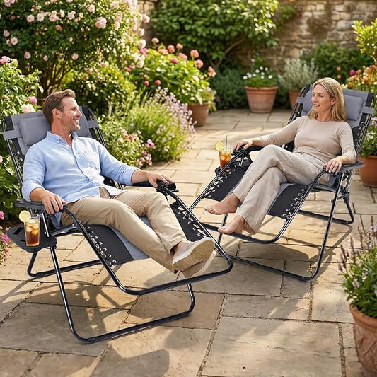 Sweetcrispy Zero Gravity Chairs, Foldable Patio Reclining Chairs with Adjustable Pillow & Cup Holder, Oversized Portable Support 400 lbs, for Backyard Camping, Black-Gray