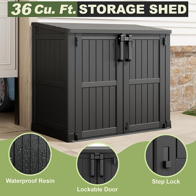 36 Cu Ft Resin Outdoor Storage Shed, Weatherproof Horizontal Outdoor Storage Cabinet with Dual Lock Door for Backyard, Patio, Garage, Garden(Black)