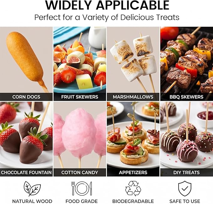 HANSGO 100PCS Candy Apple Sticks, 5 mm 6.25 inch Bamboo Skewers for Caramel Apple Cotton Candy Sticks Lollipop BBQ Corn Dog