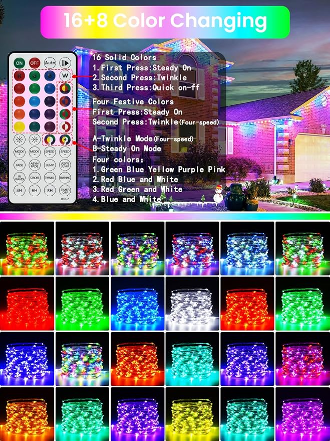 66FT 200 LED RGB Color Changing Fairy Lights with Remote for Outdoor Indoor | 128+ Modes, Brightness and Speed Adjustable, Timer, Waterproof String Lights for Bedroom Garden Halloween Christmas Decor