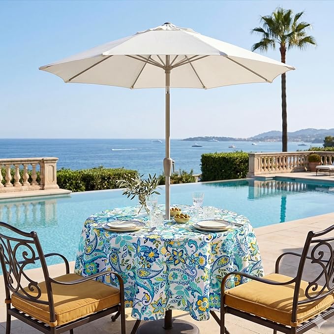 Lamberia 60" Round Patio Tablecloth with Umbrella Hole and Zipper, Waterproof Outdoor Table Cover for Patio, Backyard, BBQ, Picnic & Indoor Dining, Washable Polyester Circular Tablecloth