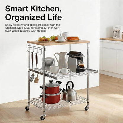 Finnhomy 3-Tier Rolling Kitchen Cart, Microwave Cart with Oak Wood Tabletop and Drawer Slider, Coffee Cart & Food Service Cart with Hooks, Chrome
