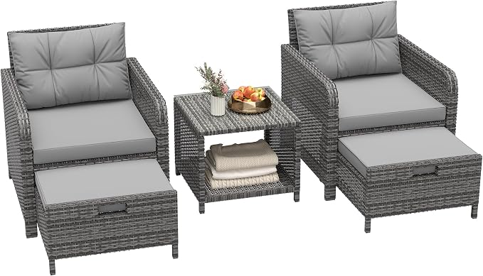 5 Piece Patio Furniture Set, PE Wicker Outdoor Furniture Set with Soft Cushions & Coffee Table, Outdoor Lounge Chairs with Ottoman for Porch, Lawn, Balcony, Light-Grey
