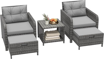 5 Piece Patio Furniture Set, PE Wicker Outdoor Furniture Set with Soft Cushions & Coffee Table, Outdoor Lounge Chairs with Ottoman for Porch, Lawn, Balcony, Light-Grey