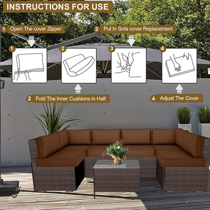 14 Piece Outdoor Patio Cushion Cover Replacement, Waterproof Patio Cushion Covers, Outdoor Furniture Cushion Covers Set for 6 Seat Wicker Rattan Sofa (Coffee)