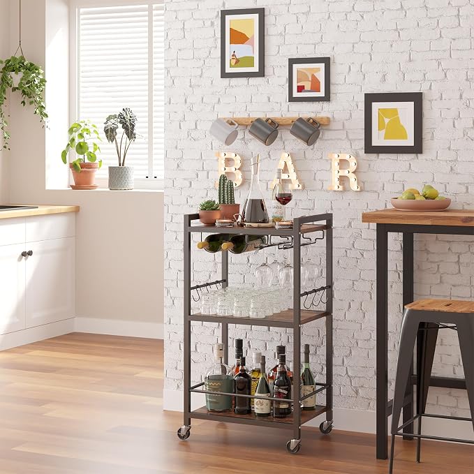 TUTOTAK Bar Cart with Wheels, Drink Cart with Wine Rack and Glass Holder | 3-Tier 17 Inch Wide Home Bar Serving Carts, Small Mobile Kitchen Shelf with 6 Hooks, Rustic Brown BC01BB032