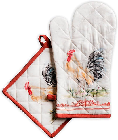 Maison d' Hermine 100% Cotton Oven Mitt & Pot Holder Set (7.5"x13" & 8"x8") Heat Resistant BBQ Cooking Gloves with Loop Baking Grilling Kitchen Hotel Home Farmhouse Spring Summer (Campagne)