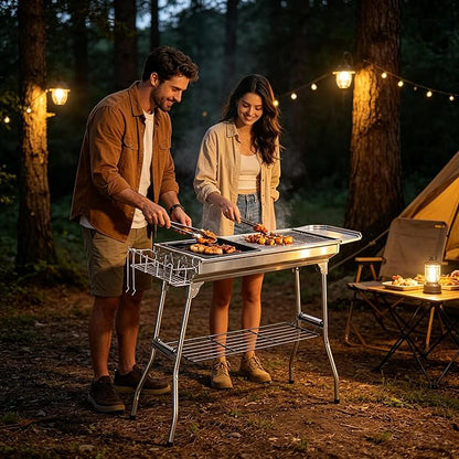 Portable Charcoal BBQ Grill, Foldable Smoker Tall Barbecue Grill Charcoal Outdoor Lightweight for Cooking Camping Hiking Picnics Tailgating Backpacking Garden Beach Party (39.3"L x 27.9"H)