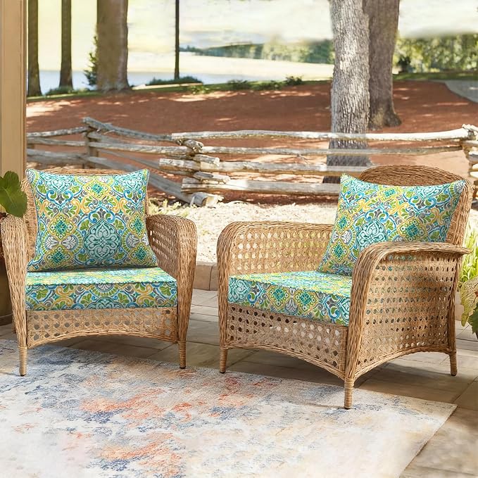 DYTXIII Outdoor Deep Seat Cushion Set, Water Repellent 24"x24" Patio Thick Cushions Replacement with Seat & Back Pillow for Patio Sofa, Wicker Chair, Couch - Damask Green