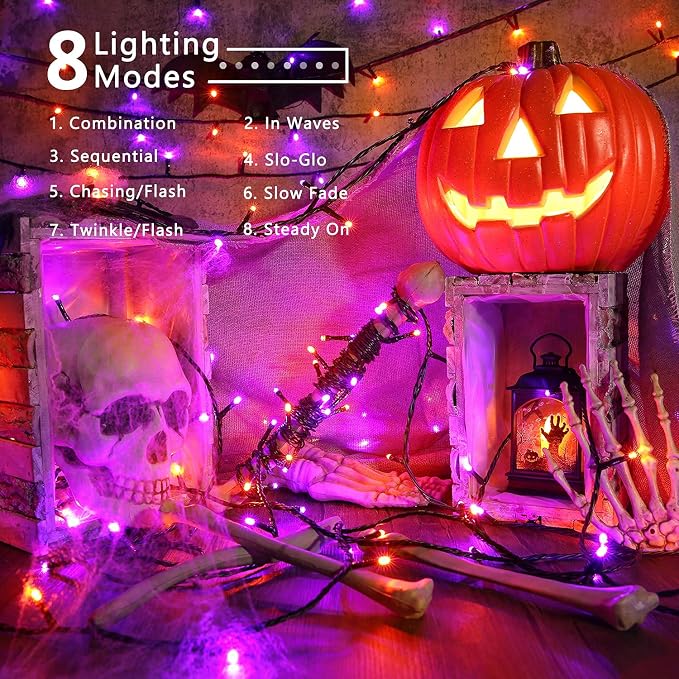 Brizled Halloween Lights Outdoor, 95.14ft 240 LED Purple & Orange Lights | Connectable; Timer; 8 modes; Waterproof; Plugin twinkle mini Halloween fairy string lights for indoor outside spooky decor