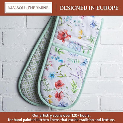 Maison d' Hermine Double Oven Mitts 100% Cotton 7"x35" Double Oven Mitt Heat Resistant BBQ Cooking Gloves with Loop Baking Grilling Kitchen Hotel Home Farmhouse Spring Summer (Just Floral)