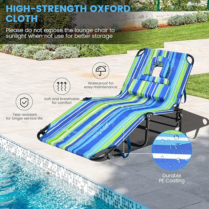 GYMAX Tanning Chair, 330lbs Beach Lounge Chair with Face Hole, Detachable Washable Pillow & Carry Strap, Adjustable Folding Lounger, Layout Chair for Outside, Patio, Poolside, Lawn (2, Blue Stripe)