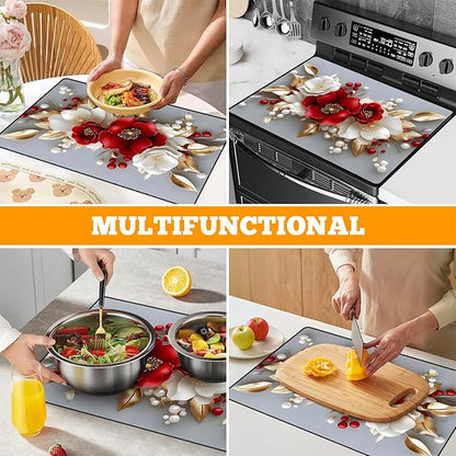 Multi-Design Stove Cover for Glass/Electric Stoves - 3-in-1 Heat-Resistant Protector Mat, Non-Slip Drying Rack 28"x20" (3D Flowers)