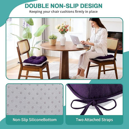 BETU Chair Cushions for Dining Chairs Set of 6,3.5" Thick Kitchen Table Chair Pads with Ties,Non Slip Backing and Covers, Seat Cushion for Dining Room,Bar,Patio Chairs,15.5"X15.5"X3.5",Dark Purple