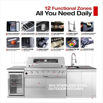 96 Inches 6-Burner 72,000 BTU Deluxe Stainless Steel Propane Gas Grill Outdoor Kitchen Island,Sink,Storage Cabinet and Beverage Refrigerator Storage&Drawers for Patio Backyard,Silver