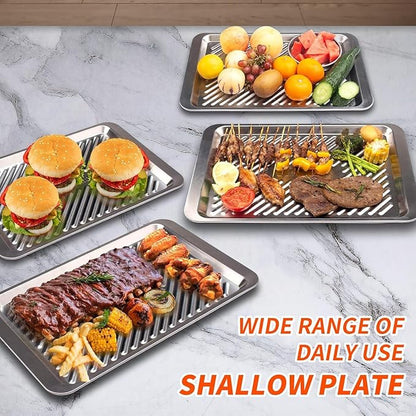 Grilling Prep and Serve Trays, Set of 2 Stackable Stainless Steel BBQ Trays, Deep Marinating Container, Serving Platter for Plating Food, BBQ Prep Tub for Marinating Meats, Grill Accessories