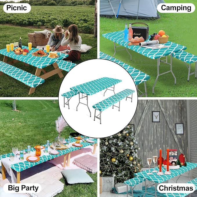OutdoorLines Vinyl Fitted Picnic Table Cover with Bench Covers | Elastic Waterproof Camping Tablecloth for Picnic Table (Moroccon Teal 96x30 Inch, 3 Pcs)