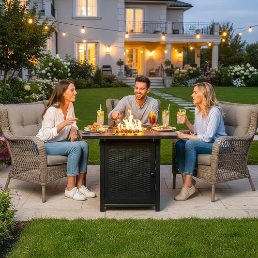PayLessHere 28" Square Propane Fire Pit Table, 50,000 BTU CSA-Certified Outdoor Gas Fire Pit with Lid & Lava Rock, Alloy Steel Patio Fire Table for Backyard, Balcony & Garden
