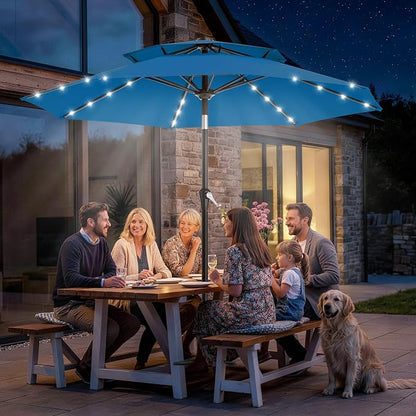 AreShark 9ft 2 Tiers Patio Umbrella with Solar Lights, Outdoor Umbrella w/ 32 LED Lights&8 Sturdy Ribs, Table Umbrella for Deck, Backyard, Pool(Royal Blue)