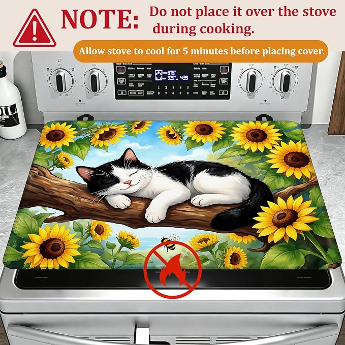 Stove Top Covers for Electric Stove,Sleeping Cat Flat Top Stove Cover,Sunflowers Heat Resistant Glass Top Stove Cover Protector Anti-Slip Range Covers, 28 x 20 Inch