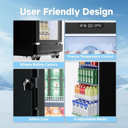 8.5 Cu.Ft Commercial Display Fridge with Glass Door | Double-Tempered Glass, Locking Key & LED, Outdoor/Indoor Versatile, Bar/Office/Restaurant, Spacious Storage, Energy Saving