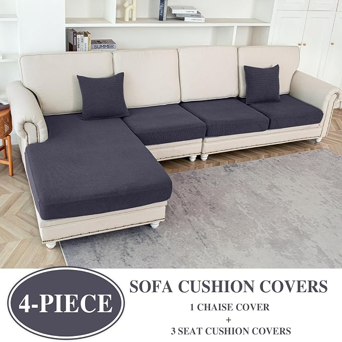 LA MEACK Couch Cushion Covers for Sectional Sofa L Shape Washable Separate Seat Chaise Couch Cover Stretch Sofa Slipcovers with 2 Pcs Pillowcases(3 Seater + 1 Chaise, Dark Grey)