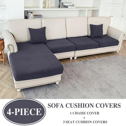 LA MEACK Couch Cushion Covers for Sectional Sofa L Shape Washable Separate Seat Chaise Couch Cover Stretch Sofa Slipcovers with 2 Pcs Pillowcases(3 Seater + 1 Chaise, Dark Grey)