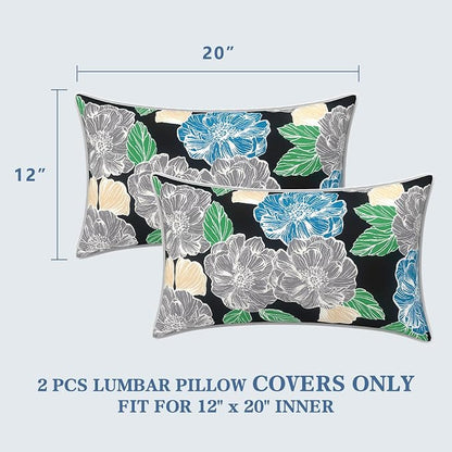 LVTXIII 2 Pack Outdoor Lumbar Pillow Covers 12x20 Inch with Piping, Water-Repellent Back Cushion Covers ONLY for Patio Furniture, Sofa, Garden Bench, Sketch Peony