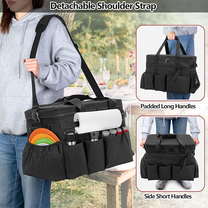 HODRANT Large Grill Caddy with Lid, BBQ and Picnic Bag Organizer with Paper Towel Holder, Tailgating Accessories Basket for Barbecue Utensil & Camping Gear Must Haves, Black, Bag Only