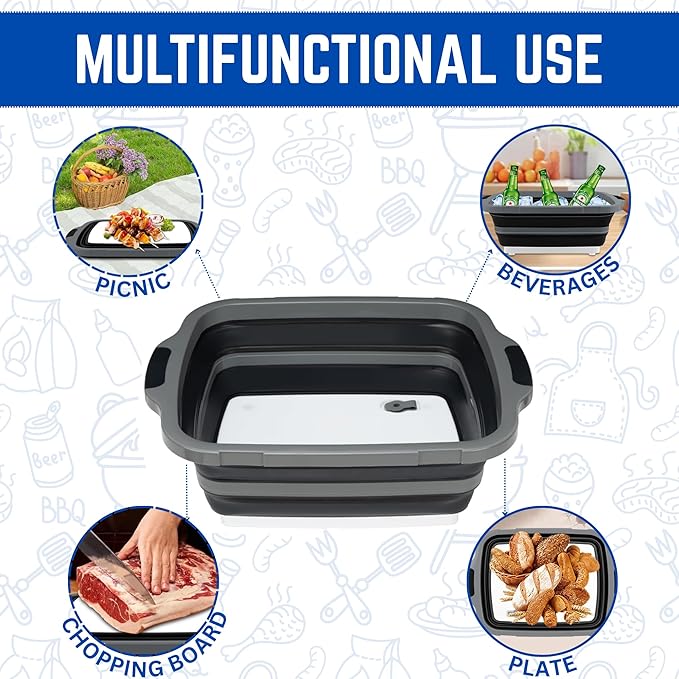 Collapsible BBQ Prep Tub - for Meal Prep Marinating Food Storage - Includes Cutting Board & Locking Lid - 16L - Black