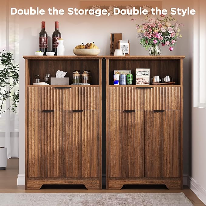 Fluted Buffet Cabinet with Storage, Modern Coffee Bar Cabinet | With Drawer & Adjustable Shelf, Wood Sideboard Cabinet for Kitchen, Bathroom, Entryway and Living Room Walnut