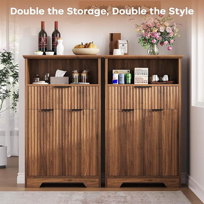 Fluted Buffet Cabinet with Storage, Modern Coffee Bar Cabinet | With Drawer & Adjustable Shelf, Wood Sideboard Cabinet for Kitchen, Bathroom, Entryway and Living Room Walnut